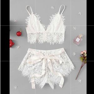 Ribbon Tie Eyelash Lace Lingerie Set